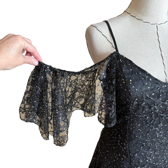 Vintage 80s Nuance Black Gold Swiss Dot Tulle Dress Stevie Nicks Fairy Witchy - Picture 7 of 17